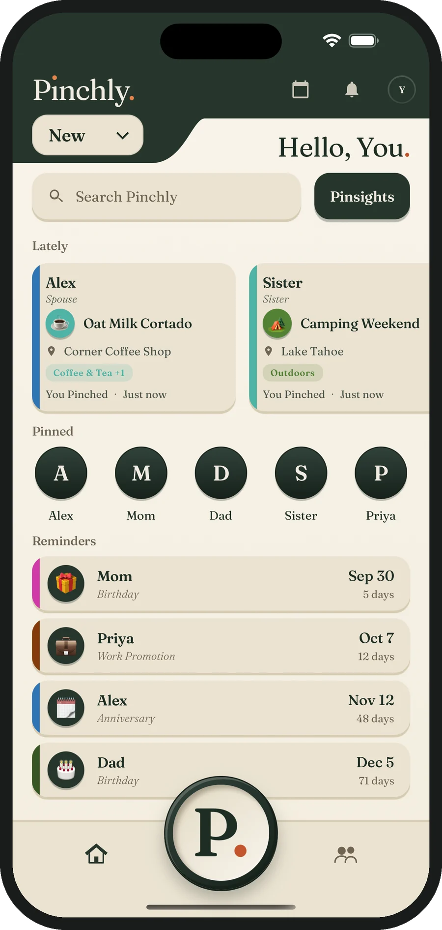 The Pinchly home screen: recent Pinches, pinned people and upcoming reminders