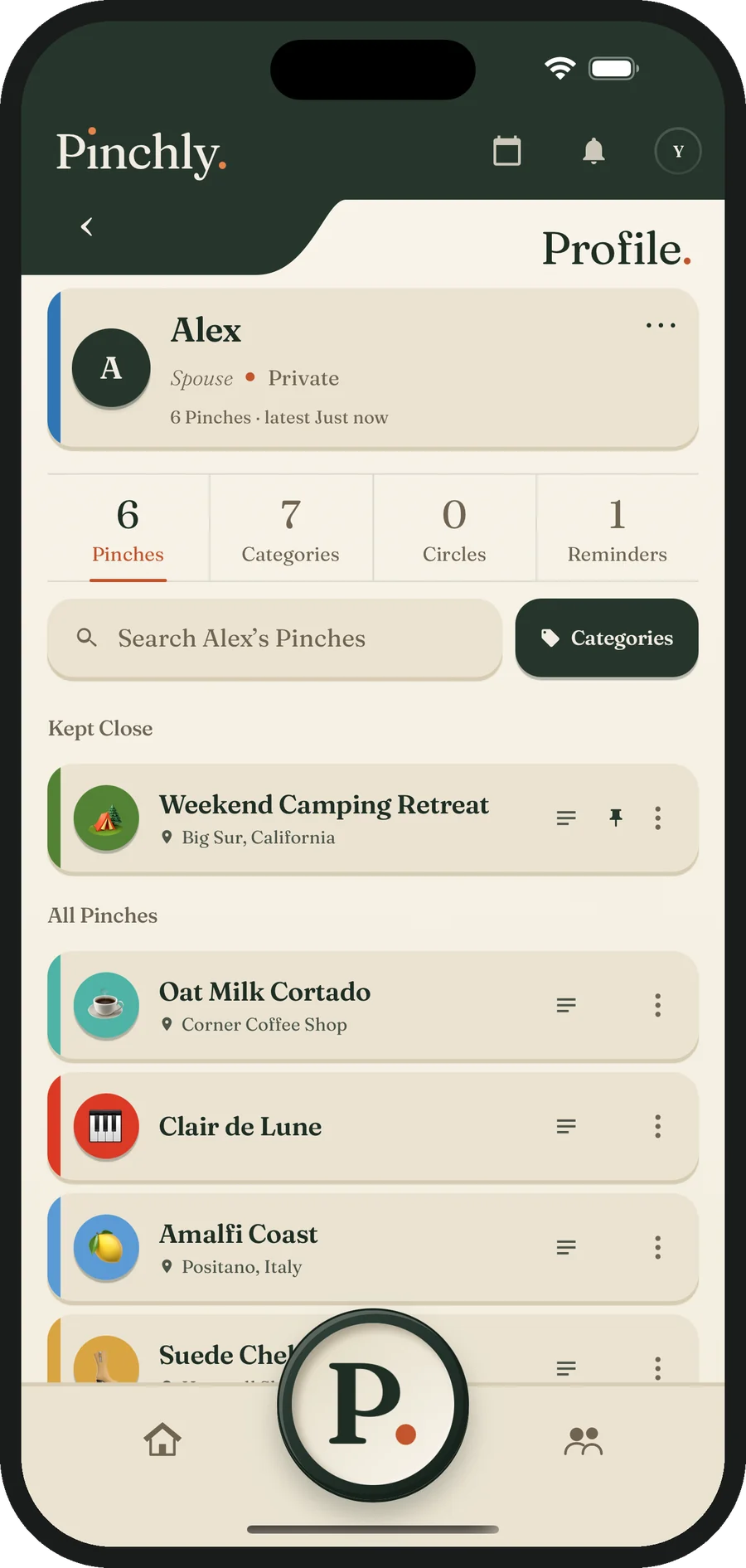 Alex's profile in Pinchly: six Pinches, from a weekend camping retreat and a coffee order to the song that calms the evening, the European vacation Alex keeps mentioning and the boots Alex walks past every time