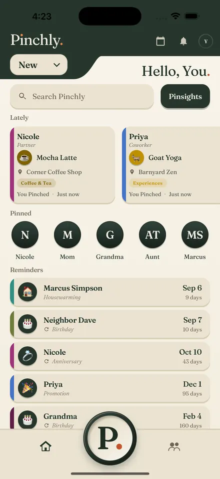Pinchly home: recent Pinches, pinned people and upcoming reminders