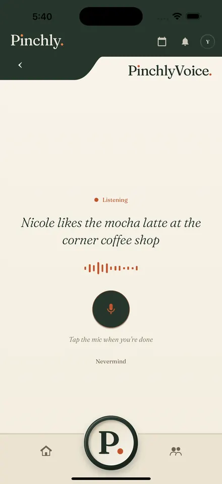 PinchlyVoice listening: Nicole likes the mocha latte at the corner coffee shop